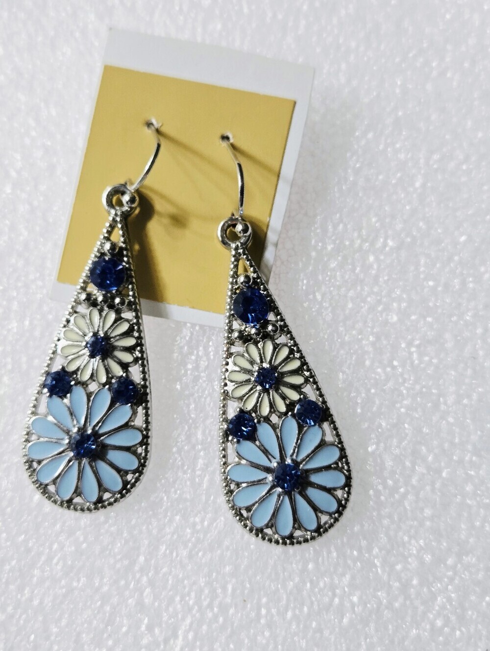Blue and Pale Yellow Floral Teardrop Earrings - Picture 13 of 16
